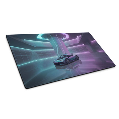 Mercedes-AMG One Inspired Silver Vaporwave Gaming Mouse Pad – Cyan Purple Neon Futuristic Garage Desk Mat with Sleek Sci-Fi Hypercar Digital Art