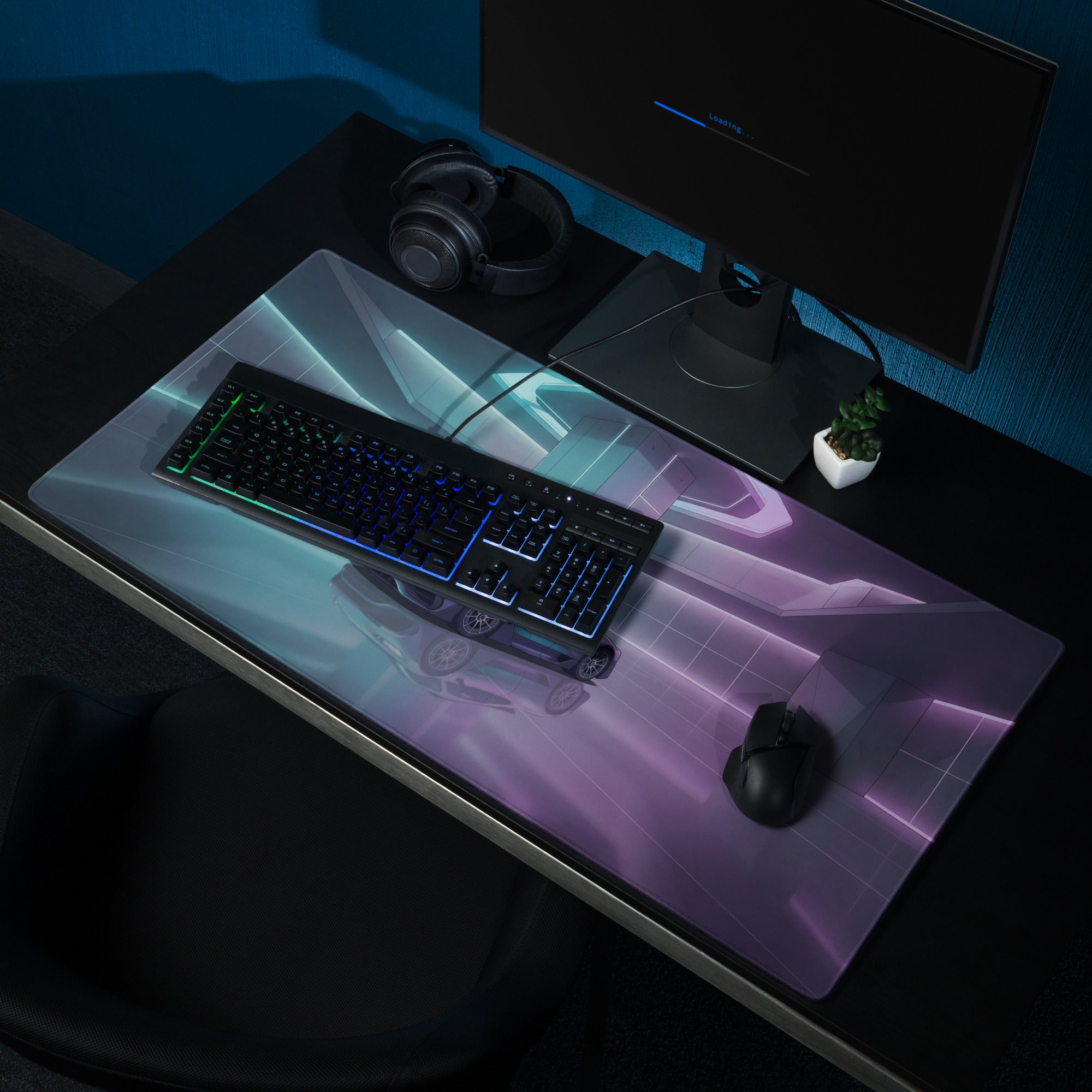 Mercedes-AMG One Inspired Silver Vaporwave Gaming Mouse Pad – Cyan Purple Neon Futuristic Garage Desk Mat with Sleek Sci-Fi Hypercar Digital Art