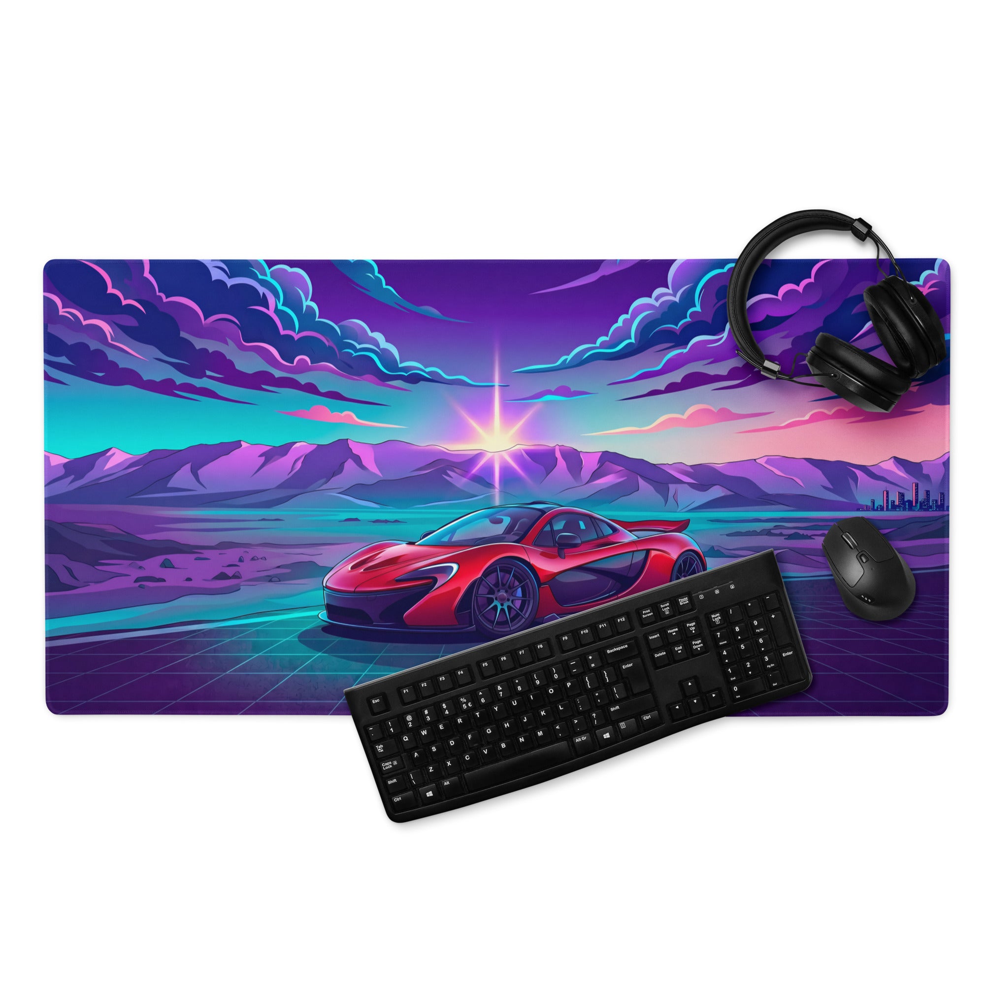 McLaren P1 Inspired Red Purple Vaporwave Gaming Mouse Pad – Neon Mountain Sunset Desk Mat with Retro Futuristic Grid and Synthwave Supercar Art