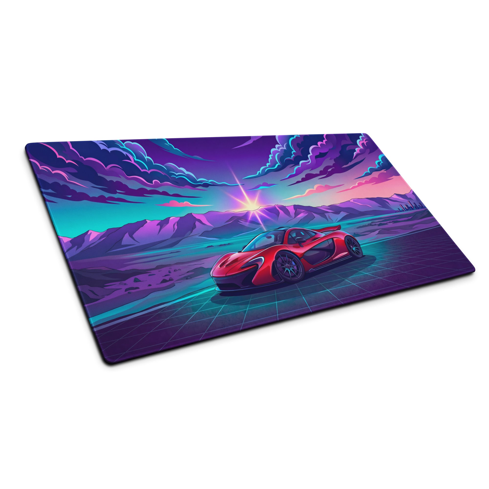 McLaren P1 Inspired Red Purple Vaporwave Gaming Mouse Pad – Neon Mountain Sunset Desk Mat with Retro Futuristic Grid and Synthwave Supercar Art