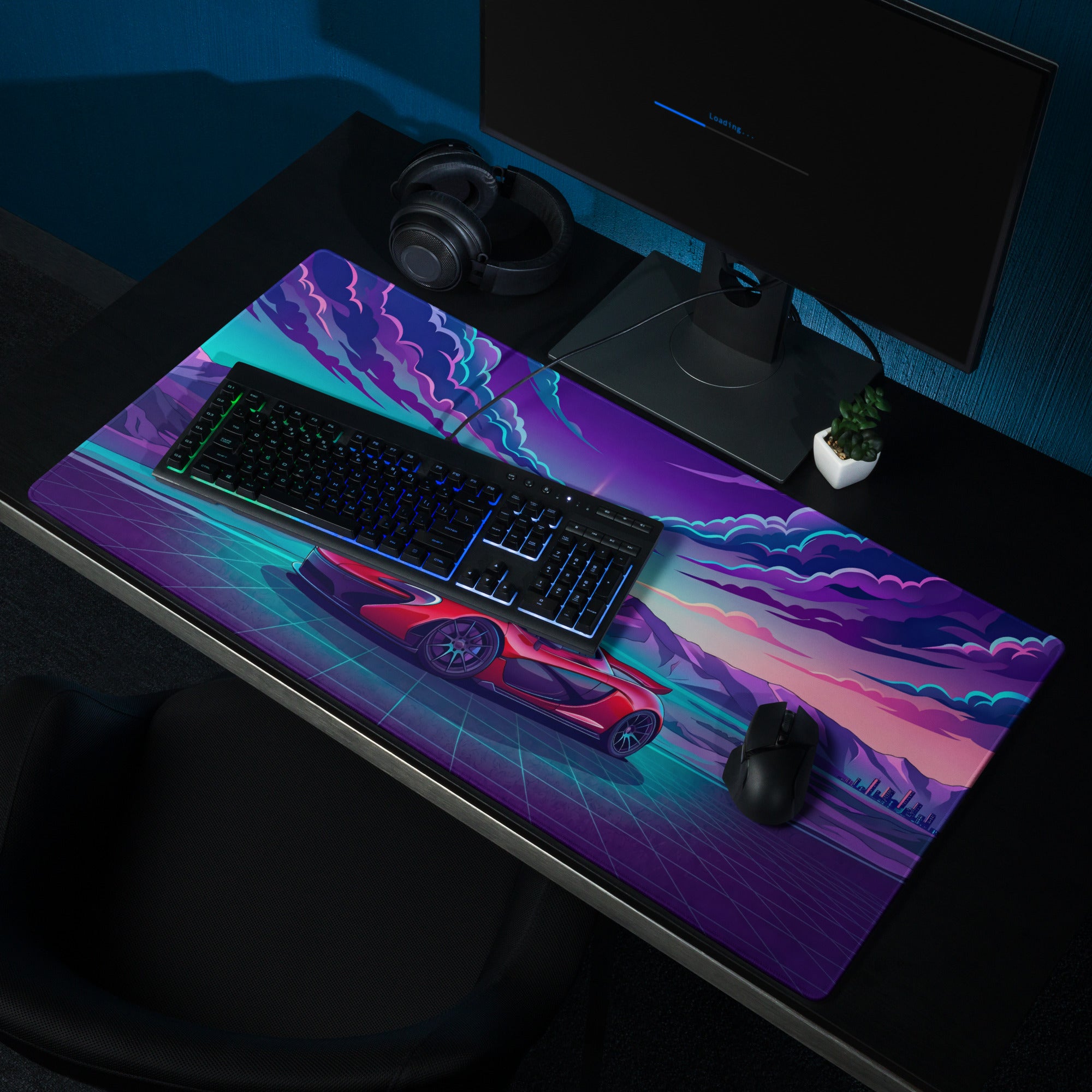 McLaren P1 Inspired Red Purple Vaporwave Gaming Mouse Pad – Neon Mountain Sunset Desk Mat with Retro Futuristic Grid and Synthwave Supercar Art