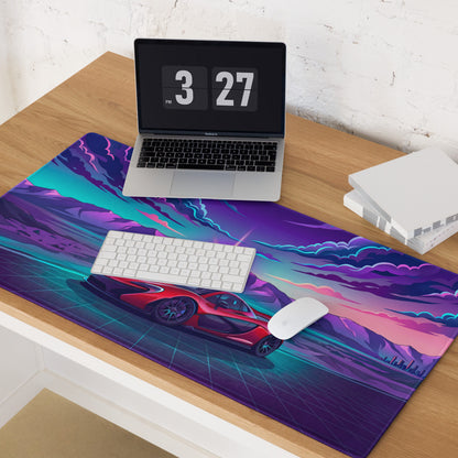 McLaren P1 Inspired Red Purple Vaporwave Gaming Mouse Pad – Neon Mountain Sunset Desk Mat with Retro Futuristic Grid and Synthwave Supercar Art