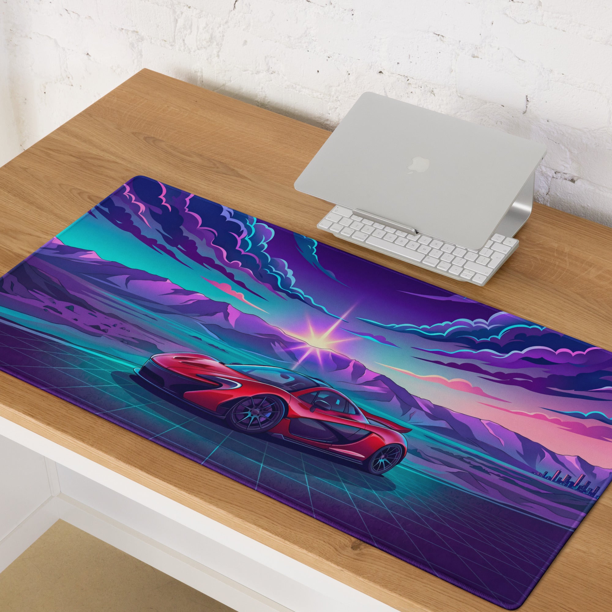 McLaren P1 Inspired Red Purple Vaporwave Gaming Mouse Pad – Neon Mountain Sunset Desk Mat with Retro Futuristic Grid and Synthwave Supercar Art