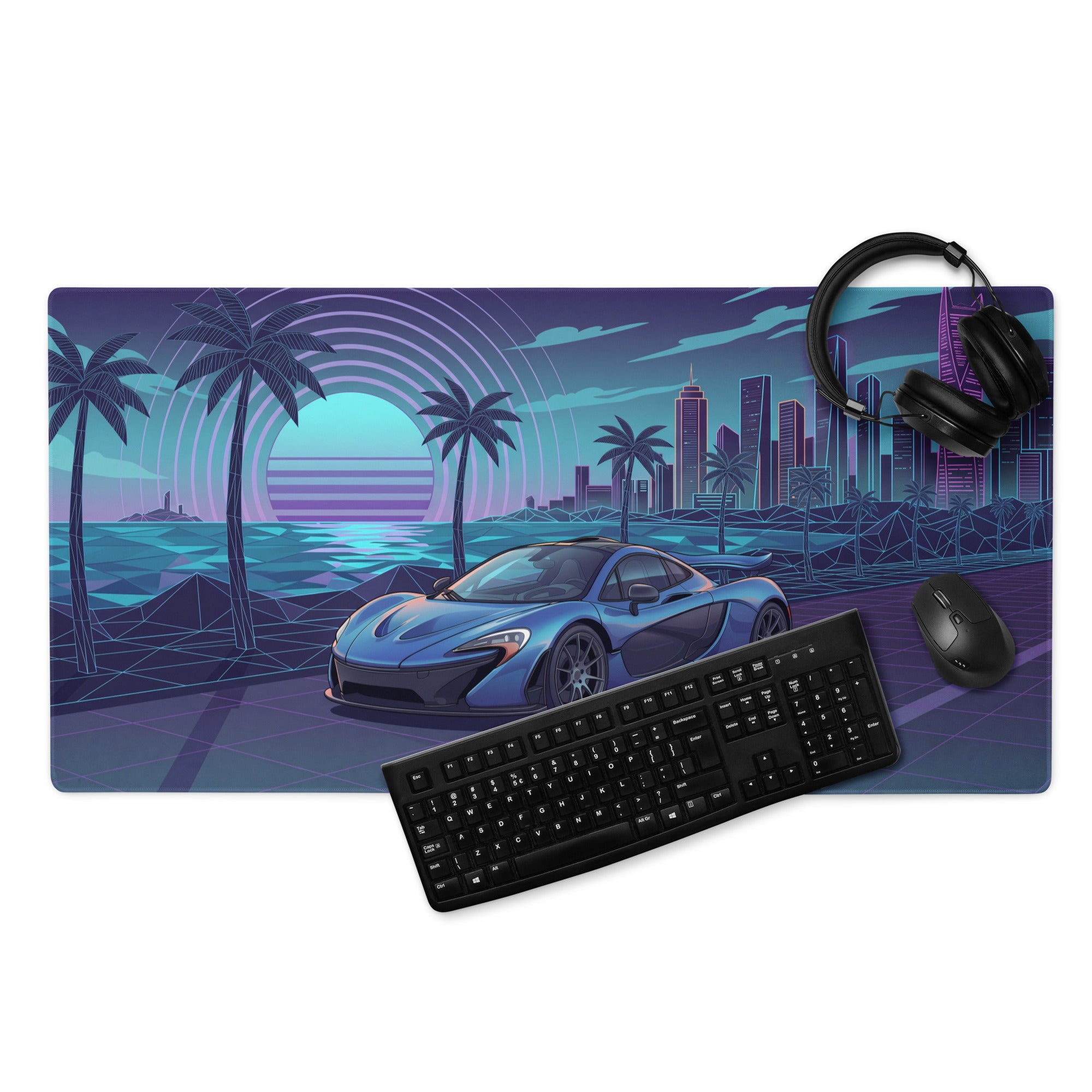 McLaren P1 Inspired Blue Purple Vaporwave Gaming Mouse Pad – Neon Coastal City Desk Mat with Retro Futuristic Sunset, Palm Trees and Supercar Art