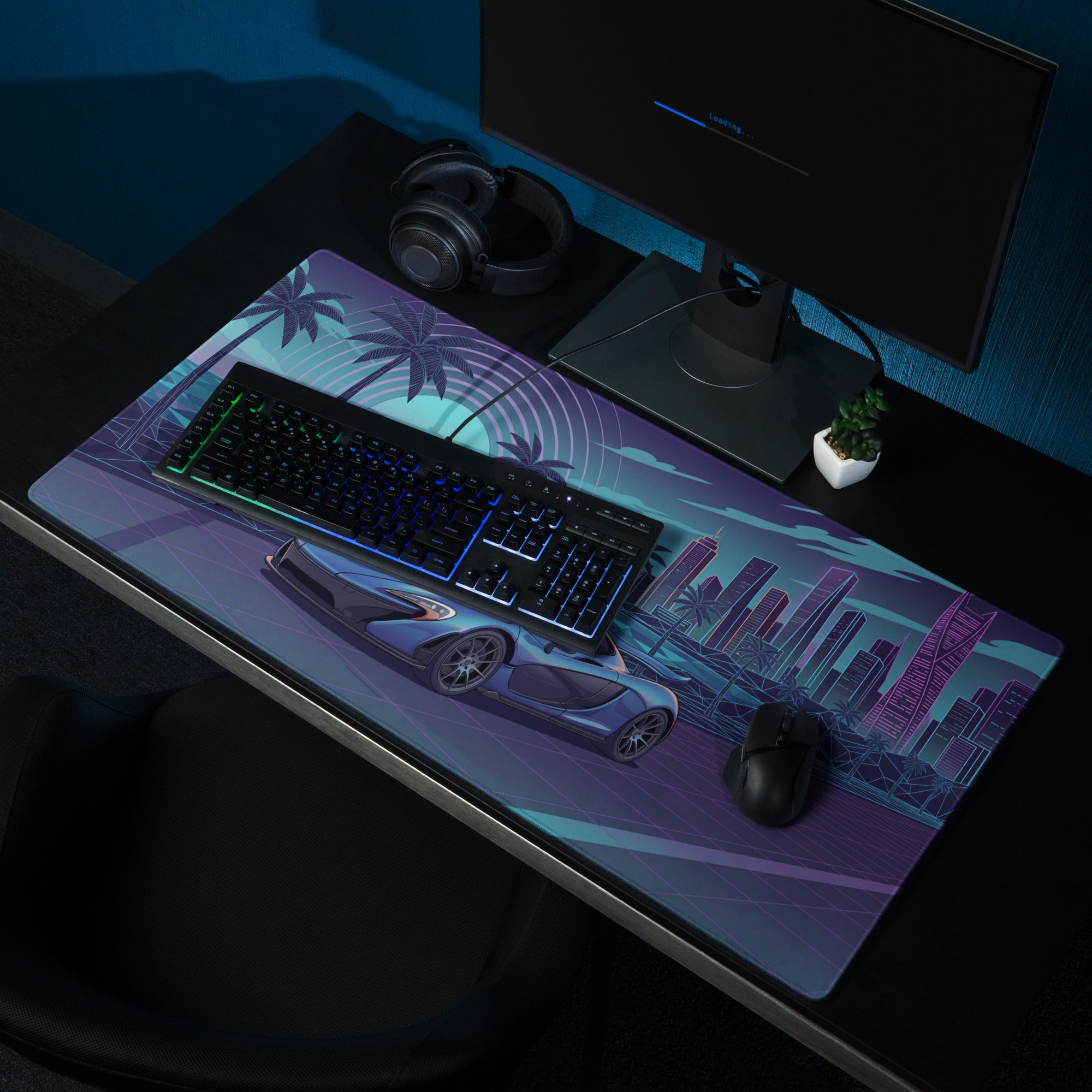 McLaren P1 Inspired Blue Purple Vaporwave Gaming Mouse Pad – Neon Coastal City Desk Mat with Retro Futuristic Sunset, Palm Trees and Supercar Art