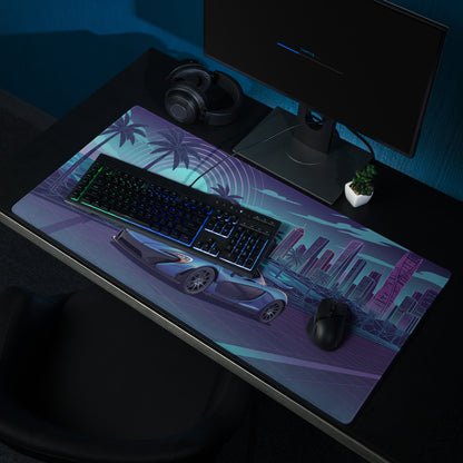 McLaren P1 Inspired Blue Purple Vaporwave Gaming Mouse Pad – Neon Coastal City Desk Mat with Retro Futuristic Sunset, Palm Trees and Supercar Art
