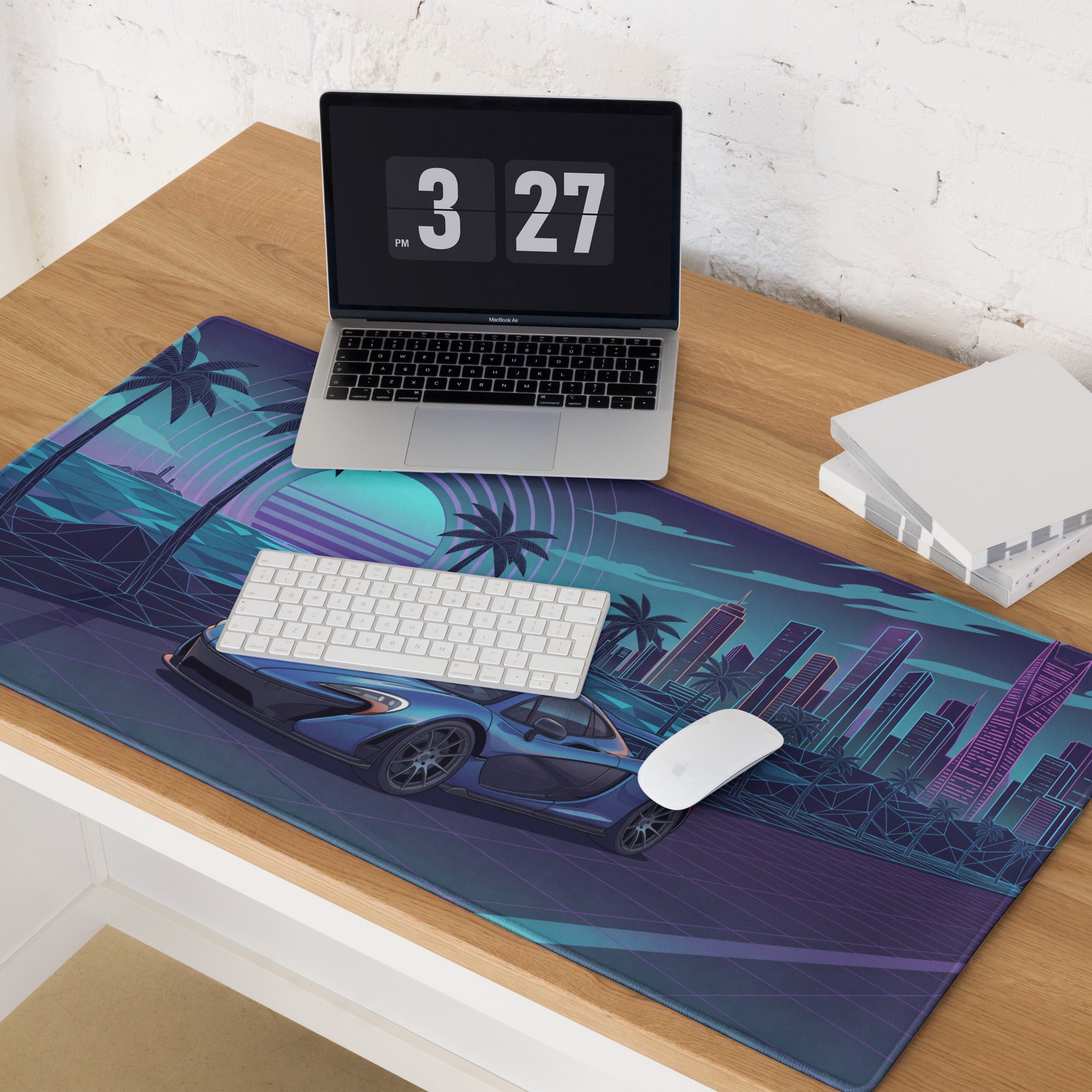 McLaren P1 Inspired Blue Purple Vaporwave Gaming Mouse Pad – Neon Coastal City Desk Mat with Retro Futuristic Sunset, Palm Trees and Supercar Art