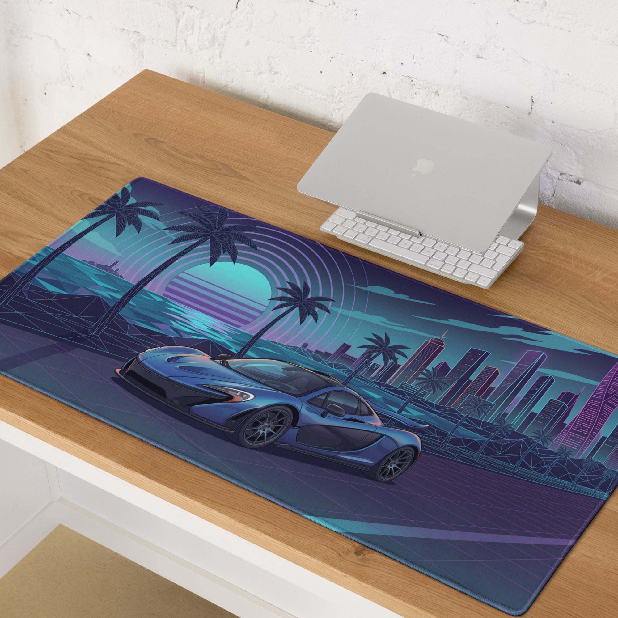 McLaren P1 Inspired Blue Purple Vaporwave Gaming Mouse Pad – Neon Coastal City Desk Mat with Retro Futuristic Sunset, Palm Trees and Supercar Art
