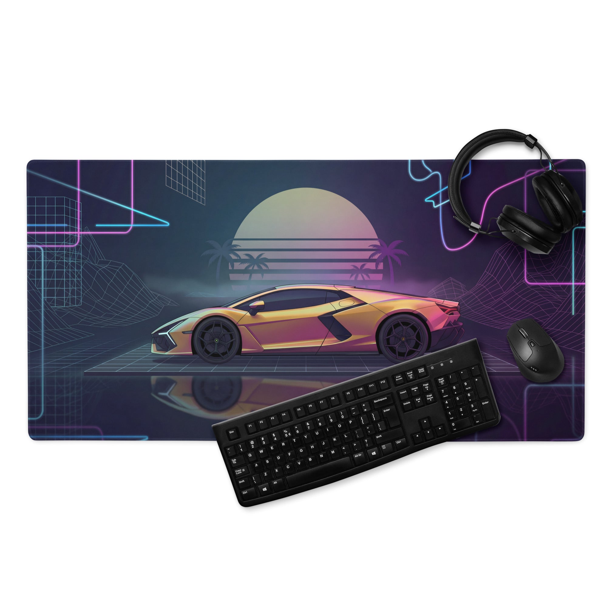 Lamborghini Revuelto Inspired Gold Pink Vaporwave Gaming Mouse Pad – Neon Retro Futuristic Grid Desk Mat with Synthwave Sunset and Supercar Art