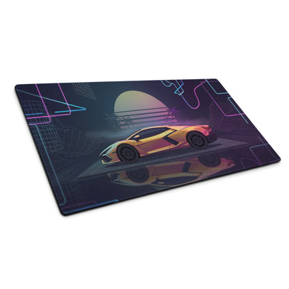 Lamborghini Revuelto Inspired Gold Pink Vaporwave Gaming Mouse Pad – Neon Retro Futuristic Grid Desk Mat with Synthwave Sunset and Supercar Art