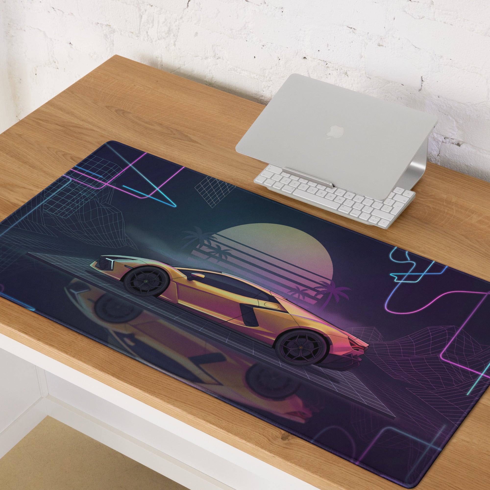 Lamborghini Revuelto Inspired Gold Pink Vaporwave Gaming Mouse Pad – Neon Retro Futuristic Grid Desk Mat with Synthwave Sunset and Supercar Art