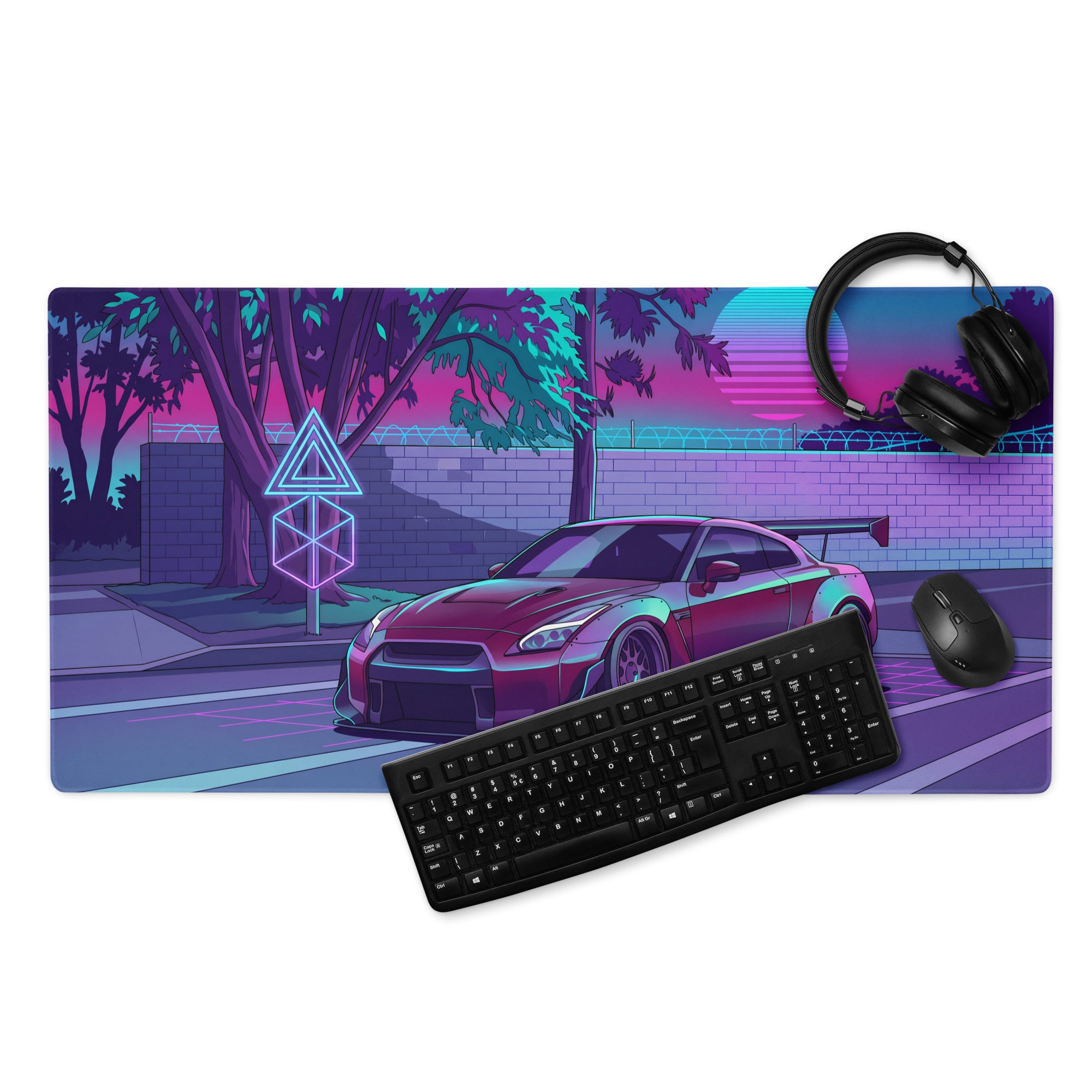 Nissan GT-R R35 Inspired Purple Cyan Vaporwave Gaming Mouse Pad – Neon Street Racing Desk Mat with Retro Futuristic Sunset and JDM Anime Art