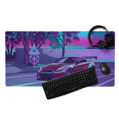 Nissan GT-R R35 Inspired Purple Cyan Vaporwave Gaming Mouse Pad – Neon Street Racing Desk Mat with Retro Futuristic Sunset and JDM Anime Art