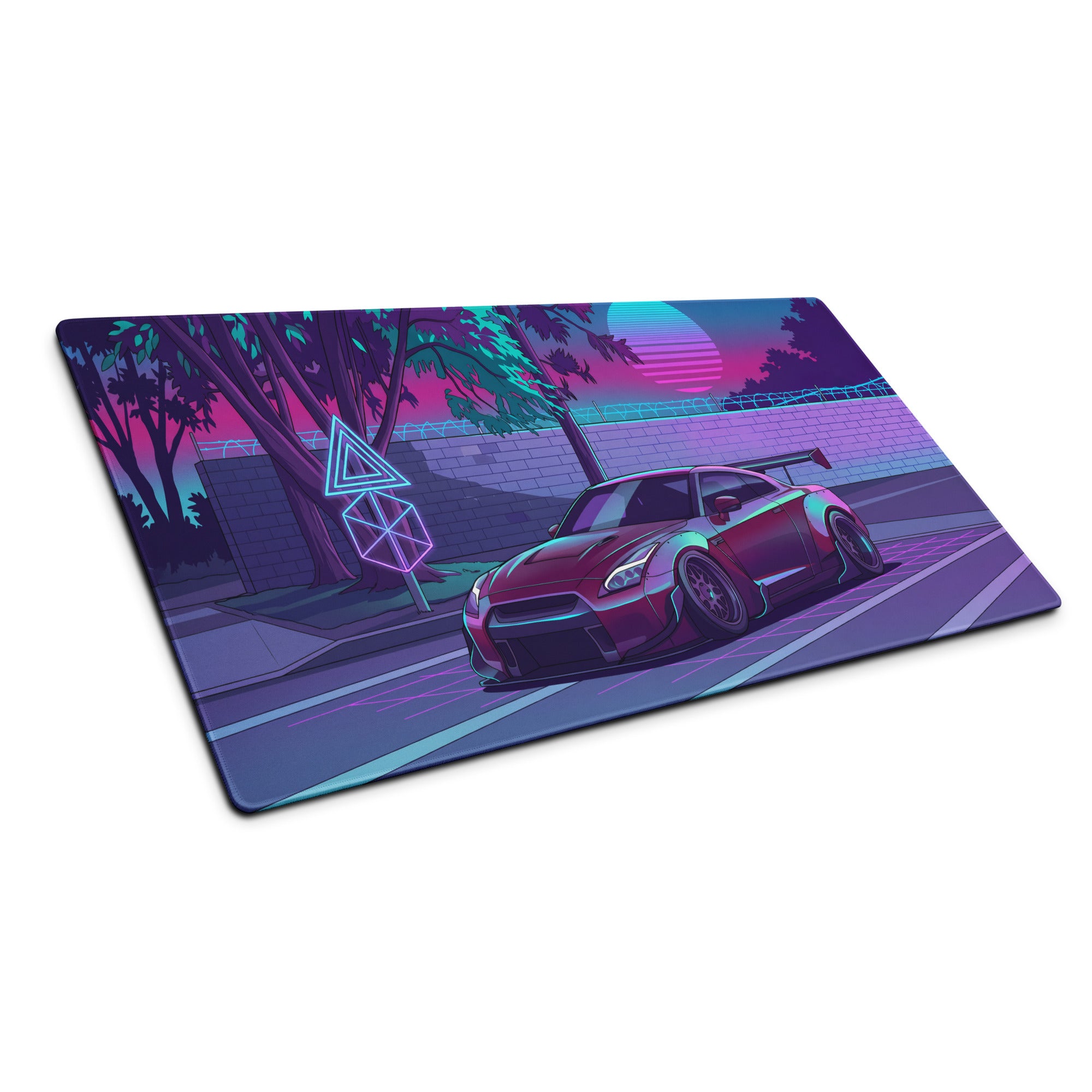 Nissan GT-R R35 Inspired Purple Cyan Vaporwave Gaming Mouse Pad – Neon Street Racing Desk Mat with Retro Futuristic Sunset and JDM Anime Art
