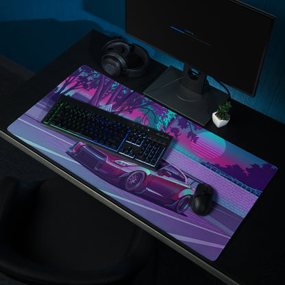 Nissan GT-R R35 Inspired Purple Cyan Vaporwave Gaming Mouse Pad – Neon Street Racing Desk Mat with Retro Futuristic Sunset and JDM Anime Art