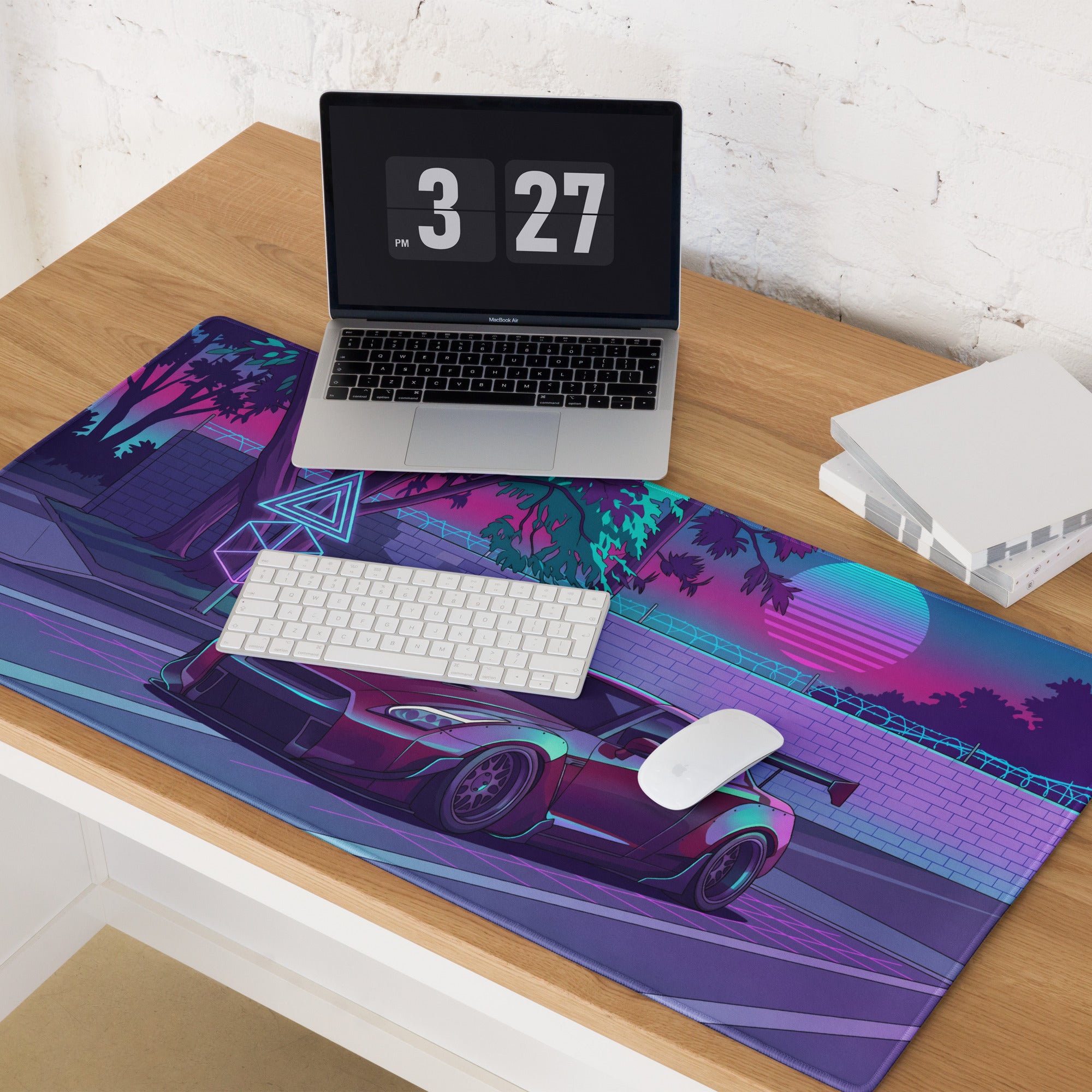 Nissan GT-R R35 Inspired Purple Cyan Vaporwave Gaming Mouse Pad – Neon Street Racing Desk Mat with Retro Futuristic Sunset and JDM Anime Art