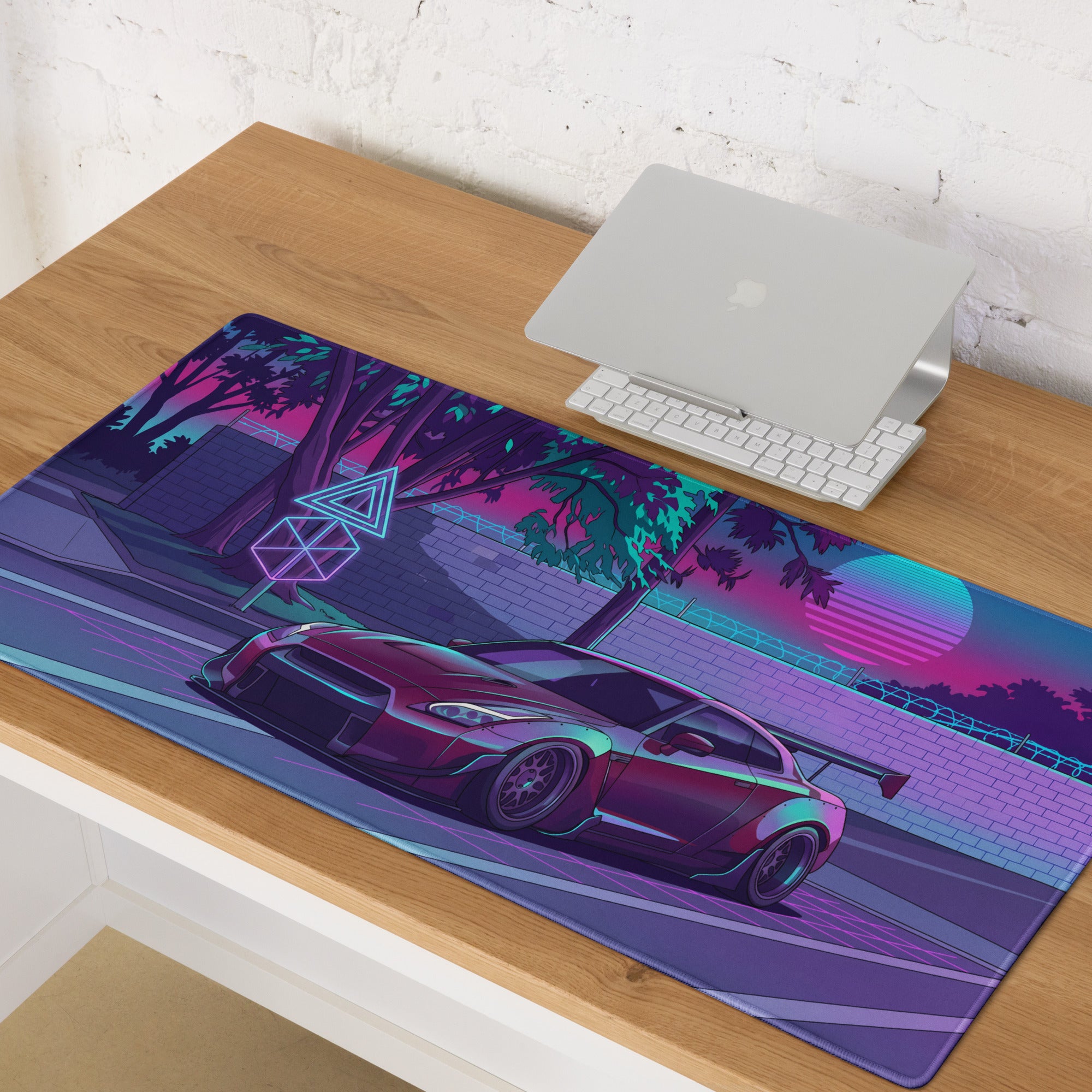 Nissan GT-R R35 Inspired Purple Cyan Vaporwave Gaming Mouse Pad – Neon Street Racing Desk Mat with Retro Futuristic Sunset and JDM Anime Art