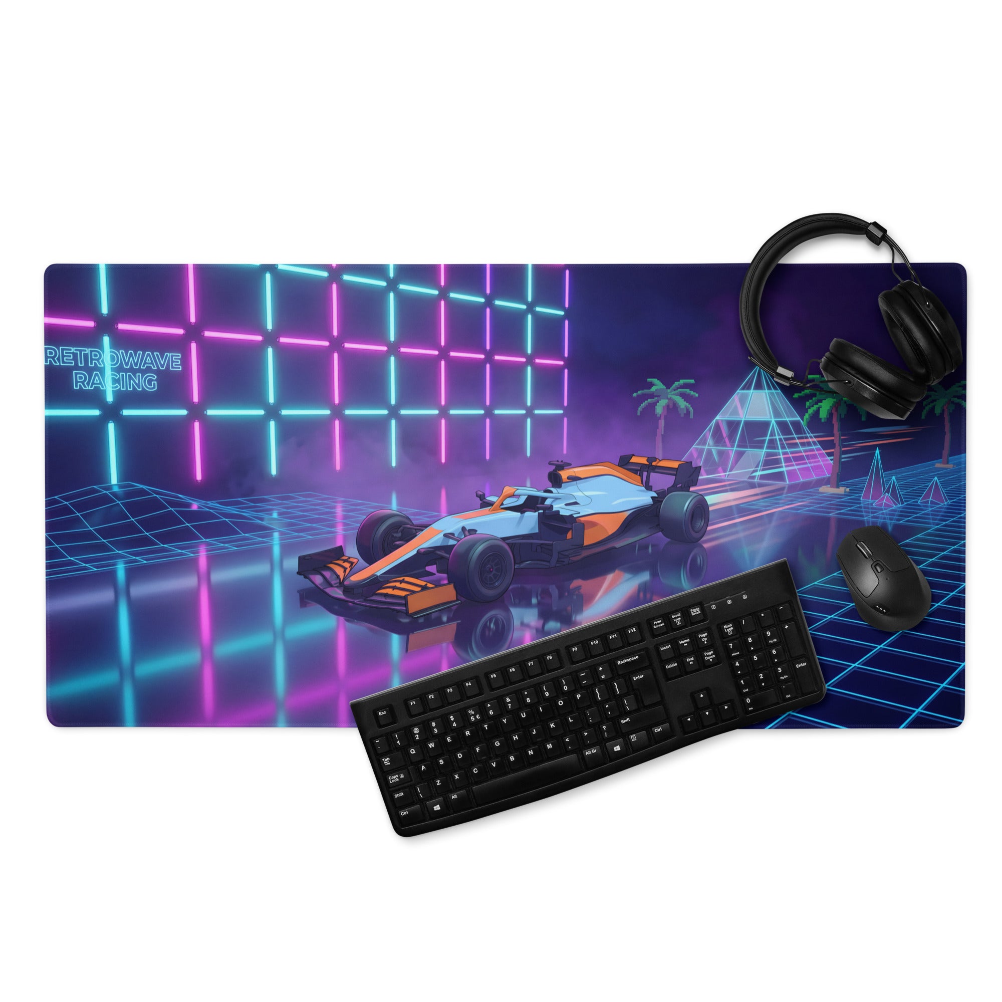 McLaren MCL35M Inspired Orange Blue Vaporwave Gaming Mouse Pad – Neon Retro Futuristic Formula 1 Desk Mat with Synthwave Grid and Racing Art