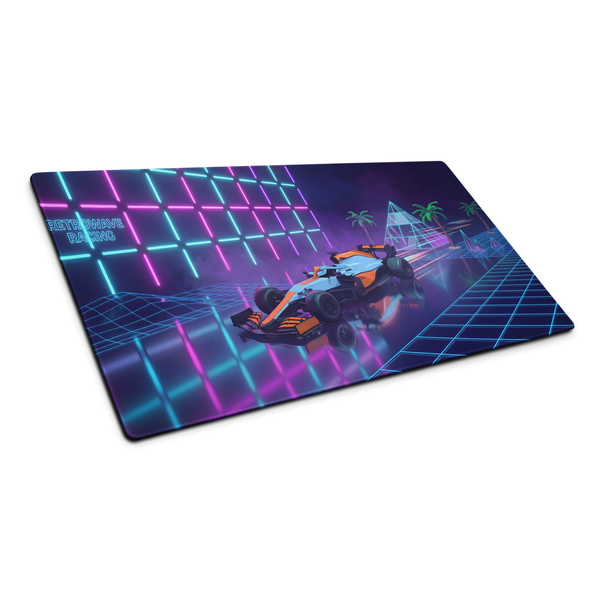 McLaren MCL35M Inspired Orange Blue Vaporwave Gaming Mouse Pad – Neon Retro Futuristic Formula 1 Desk Mat with Synthwave Grid and Racing Art