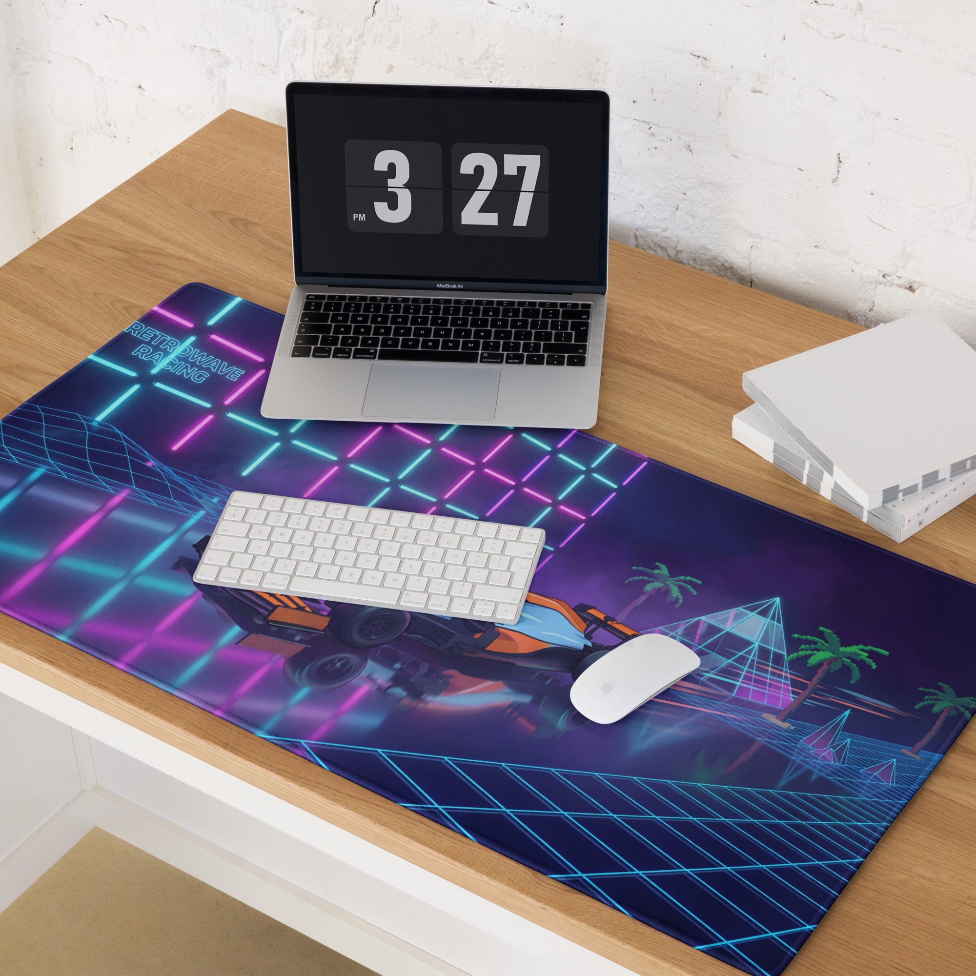 McLaren MCL35M Inspired Orange Blue Vaporwave Gaming Mouse Pad – Neon Retro Futuristic Formula 1 Desk Mat with Synthwave Grid and Racing Art
