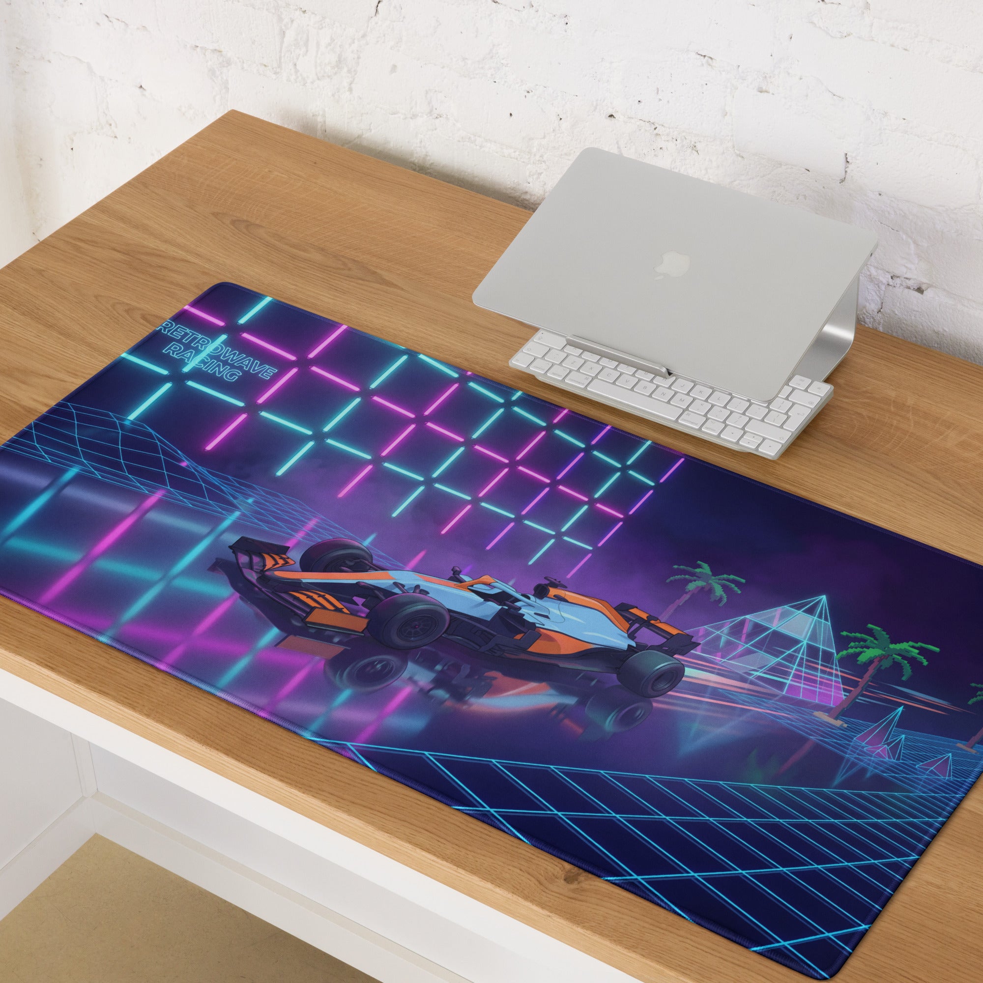 McLaren MCL35M Inspired Orange Blue Vaporwave Gaming Mouse Pad – Neon Retro Futuristic Formula 1 Desk Mat with Synthwave Grid and Racing Art