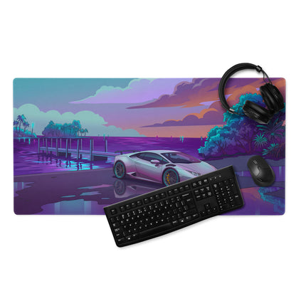 Lamborghini Huracán STO Inspired White Vaporwave Gaming Mouse Pad – Purple Cyan Tropical Waterfront Desk Mat with Dreamy Retro Futuristic Supercar Art