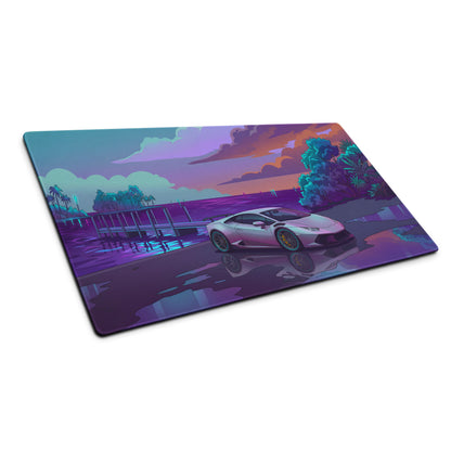 Lamborghini Huracán STO Inspired White Vaporwave Gaming Mouse Pad – Purple Cyan Tropical Waterfront Desk Mat with Dreamy Retro Futuristic Supercar Art