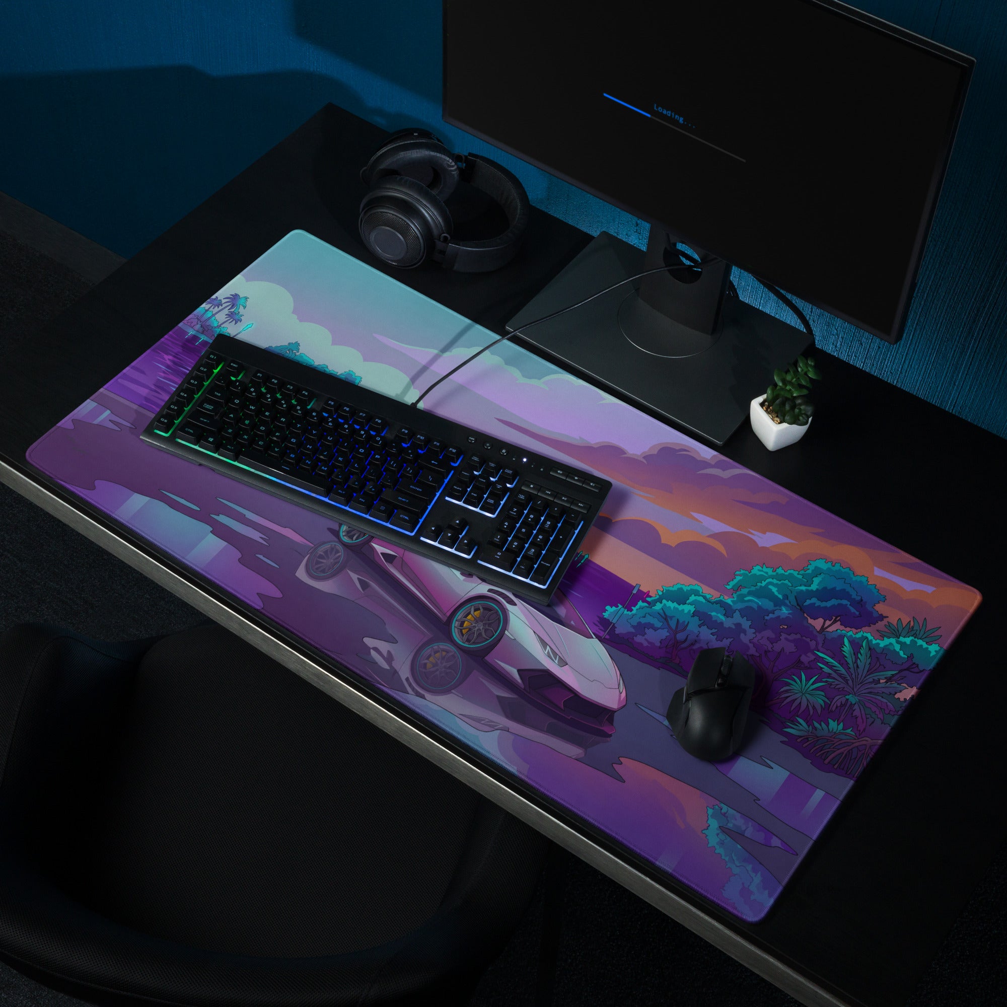 Lamborghini Huracán STO Inspired White Vaporwave Gaming Mouse Pad – Purple Cyan Tropical Waterfront Desk Mat with Dreamy Retro Futuristic Supercar Art