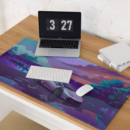 Lamborghini Huracán STO Inspired White Vaporwave Gaming Mouse Pad – Purple Cyan Tropical Waterfront Desk Mat with Dreamy Retro Futuristic Supercar Art