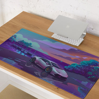 Lamborghini Huracán STO Inspired White Vaporwave Gaming Mouse Pad – Purple Cyan Tropical Waterfront Desk Mat with Dreamy Retro Futuristic Supercar Art