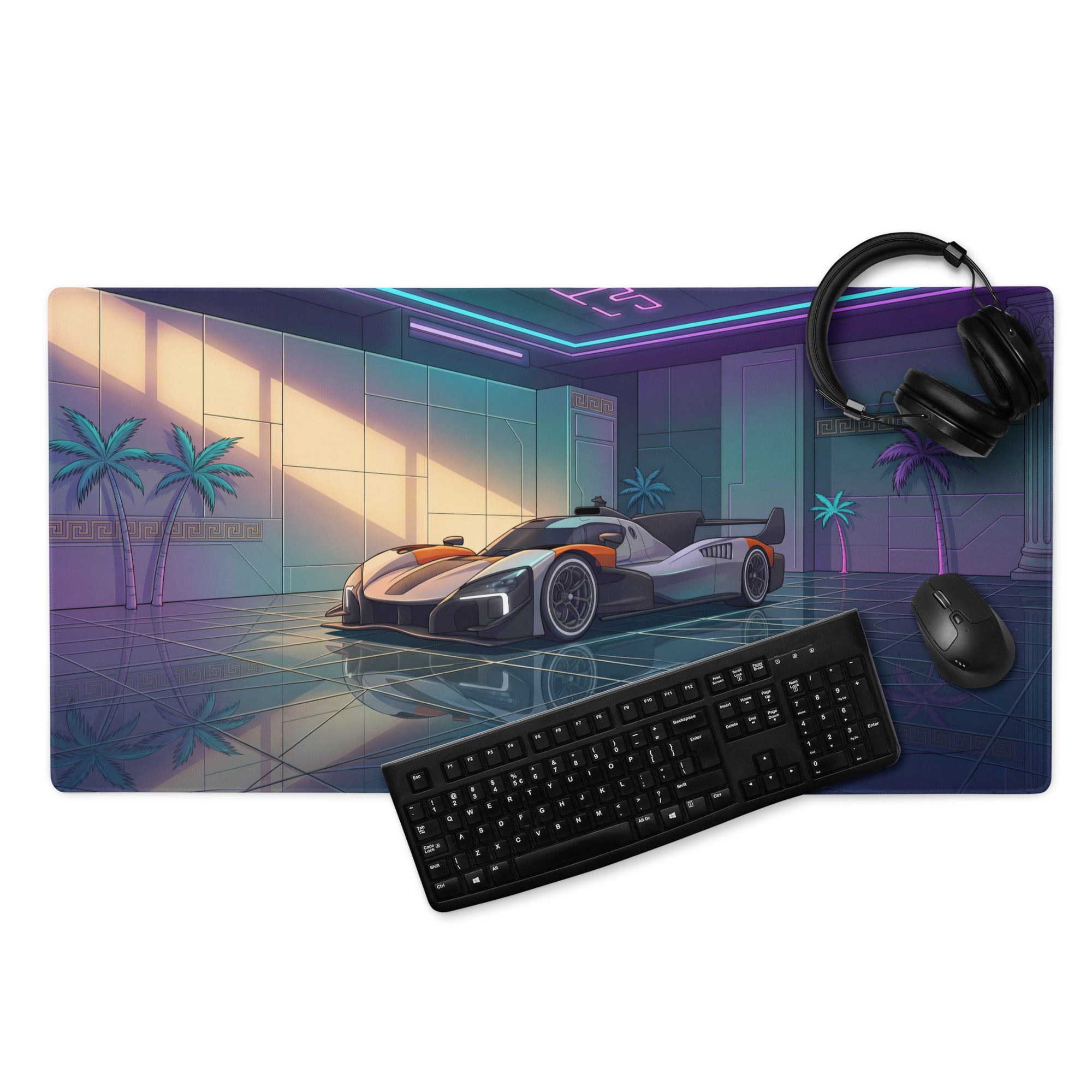 McLaren MCL-HY GTR Inspired White Orange Vaporwave Gaming Mouse Pad – Neon Luxury Garage Desk Mat with Palm Trees and Futuristic Hypercar Digital Art