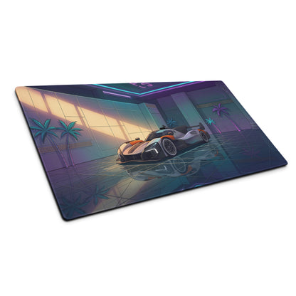 McLaren MCL-HY GTR Inspired White Orange Vaporwave Gaming Mouse Pad – Neon Luxury Garage Desk Mat with Palm Trees and Futuristic Hypercar Digital Art