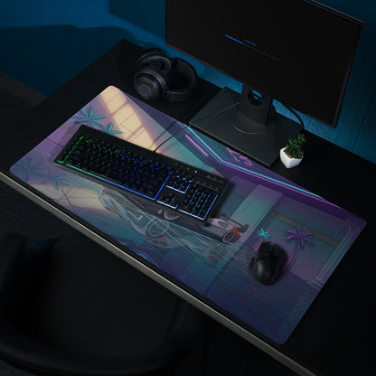 McLaren MCL-HY GTR Inspired White Orange Vaporwave Gaming Mouse Pad – Neon Luxury Garage Desk Mat with Palm Trees and Futuristic Hypercar Digital Art