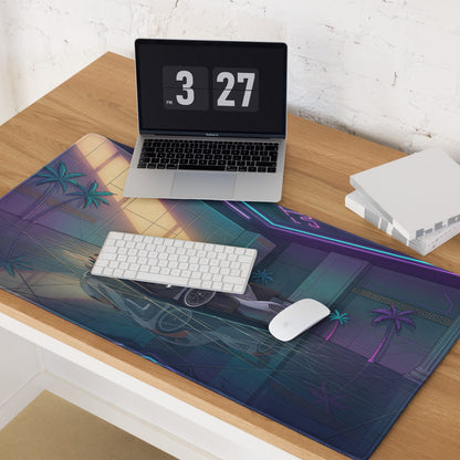 McLaren MCL-HY GTR Inspired White Orange Vaporwave Gaming Mouse Pad – Neon Luxury Garage Desk Mat with Palm Trees and Futuristic Hypercar Digital Art