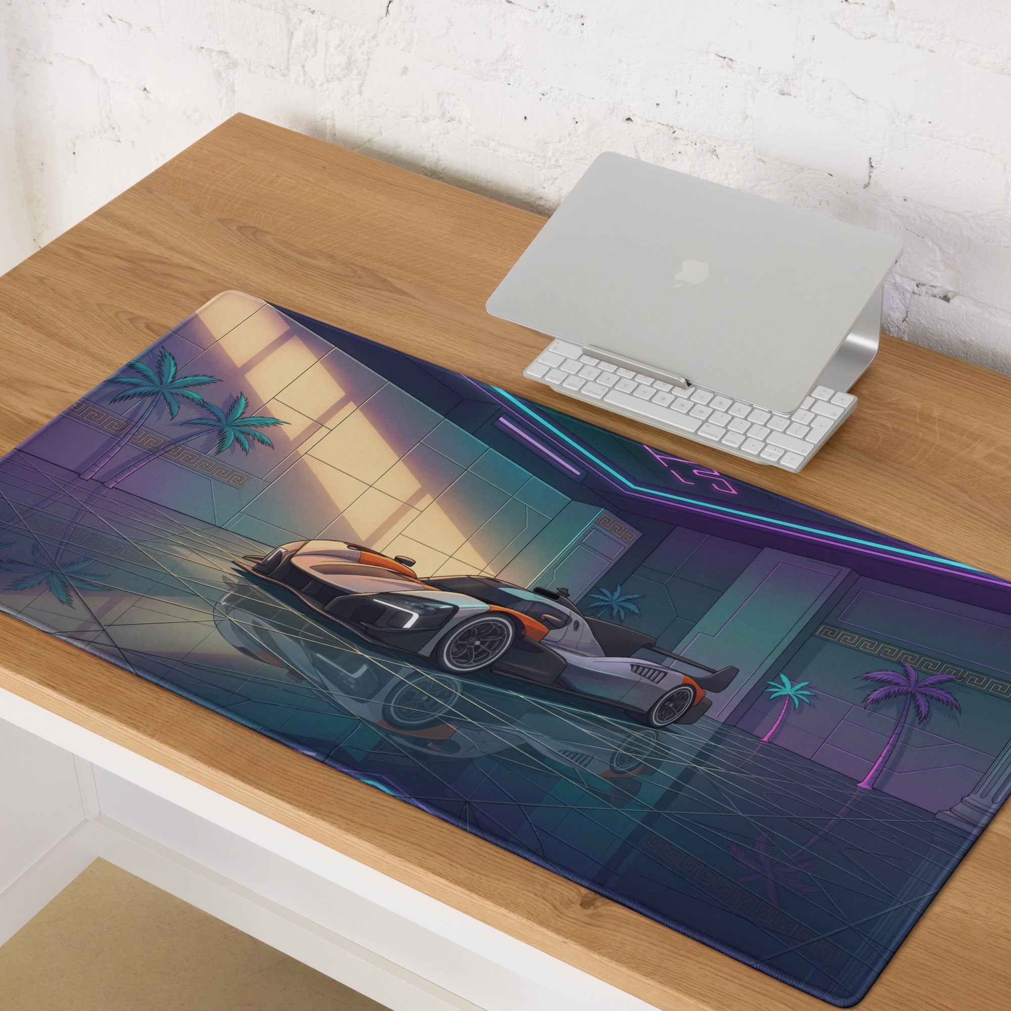 McLaren MCL-HY GTR Inspired White Orange Vaporwave Gaming Mouse Pad – Neon Luxury Garage Desk Mat with Palm Trees and Futuristic Hypercar Digital Art