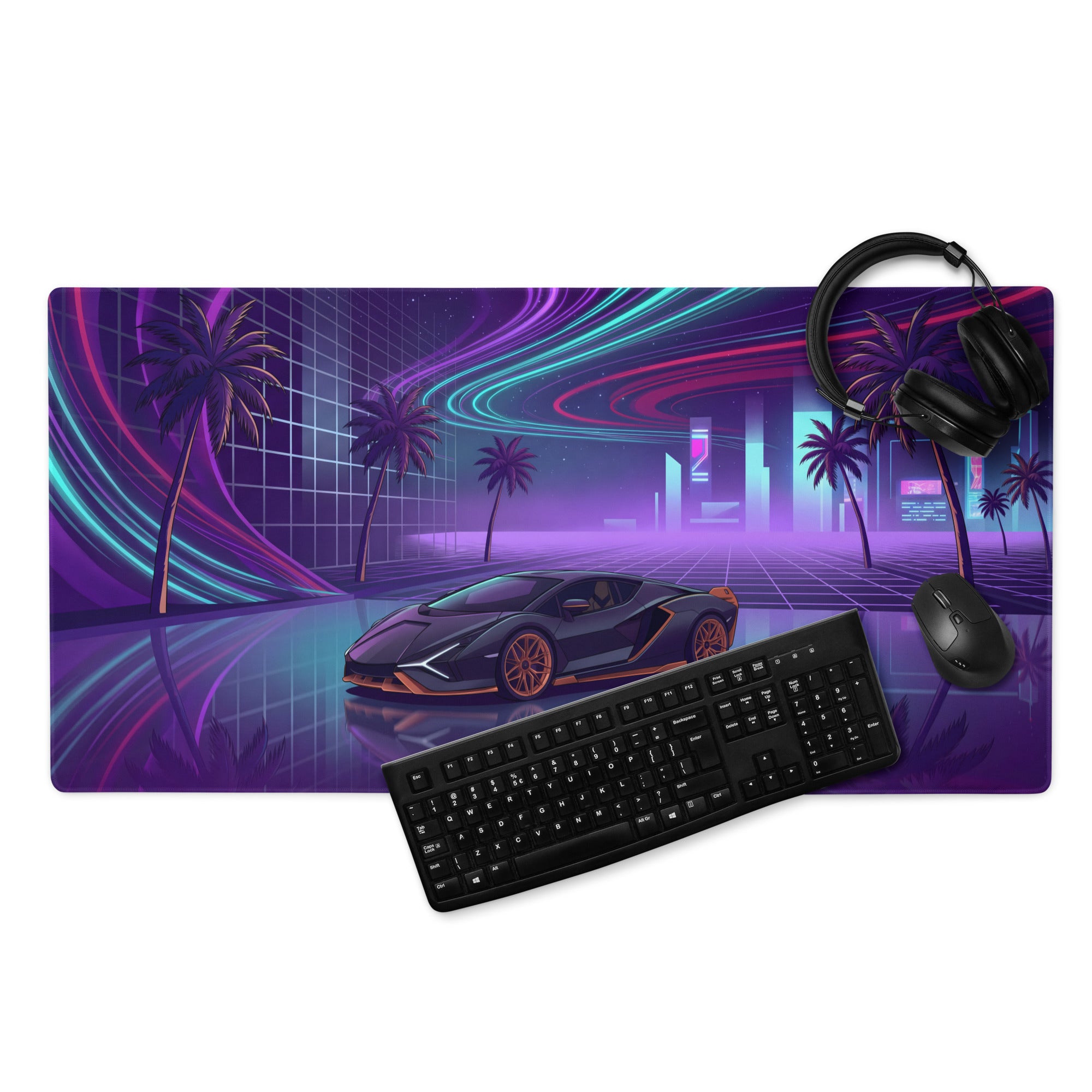 Lamborghini Sián FKP 37 Inspired Black Orange Vaporwave Gaming Mouse Pad – Neon Cyberpunk City Desk Mat with Palm Trees and Futuristic Supercar Art