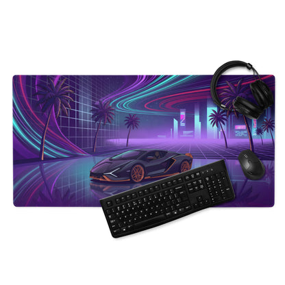 Lamborghini Sián FKP 37 Inspired Black Orange Vaporwave Gaming Mouse Pad – Neon Cyberpunk City Desk Mat with Palm Trees and Futuristic Supercar Art