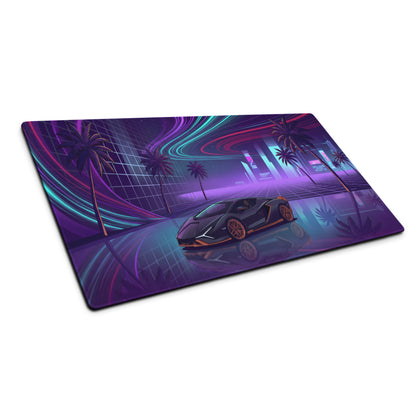 Lamborghini Sián FKP 37 Inspired Black Orange Vaporwave Gaming Mouse Pad – Neon Cyberpunk City Desk Mat with Palm Trees and Futuristic Supercar Art