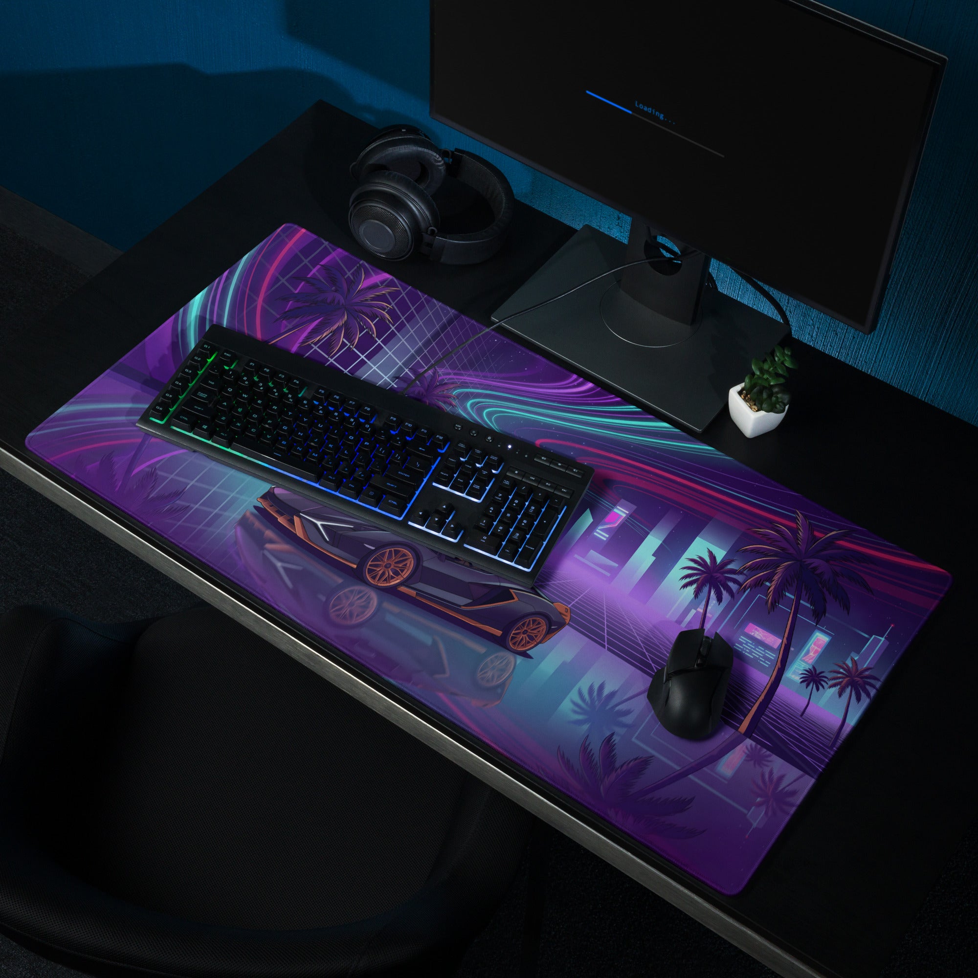 Lamborghini Sián FKP 37 Inspired Black Orange Vaporwave Gaming Mouse Pad – Neon Cyberpunk City Desk Mat with Palm Trees and Futuristic Supercar Art