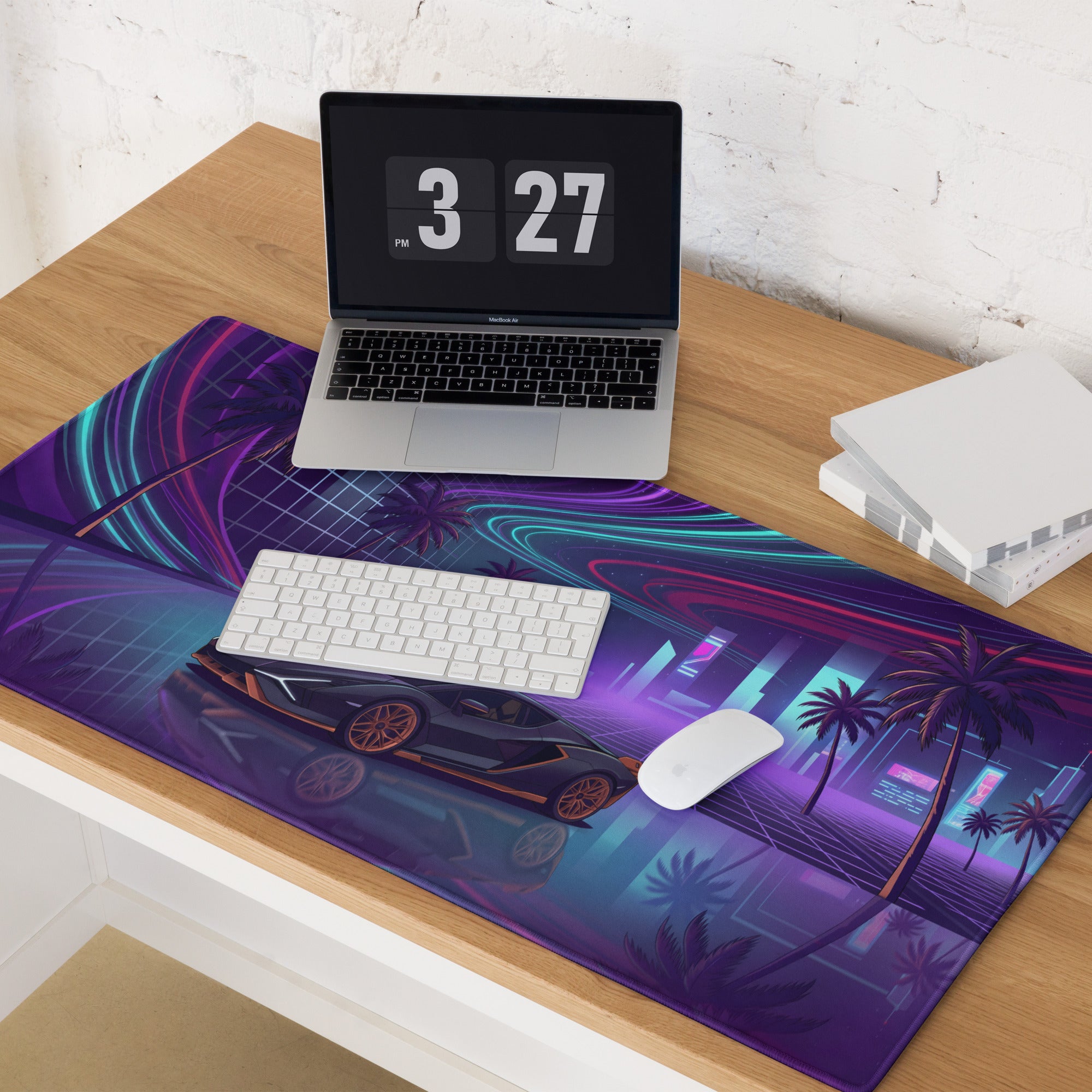 Lamborghini Sián FKP 37 Inspired Black Orange Vaporwave Gaming Mouse Pad – Neon Cyberpunk City Desk Mat with Palm Trees and Futuristic Supercar Art