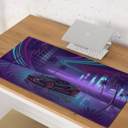 Lamborghini Sián FKP 37 Inspired Black Orange Vaporwave Gaming Mouse Pad – Neon Cyberpunk City Desk Mat with Palm Trees and Futuristic Supercar Art