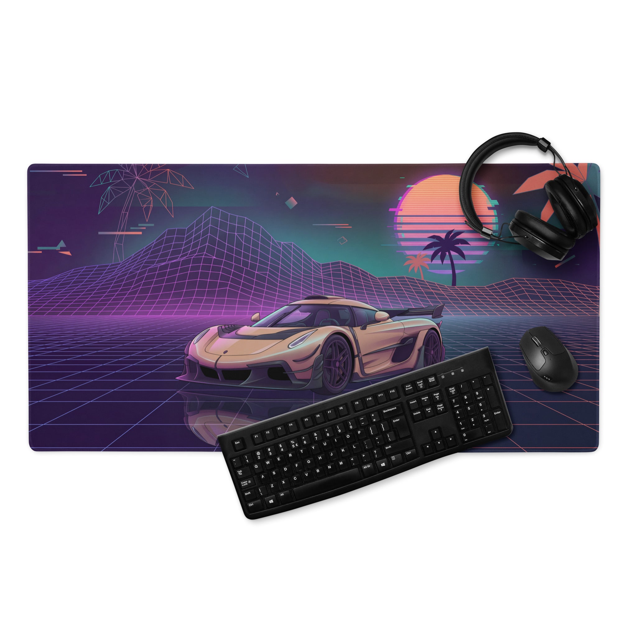 Koenigsegg Jesko Inspired Gold Vaporwave Gaming Mouse Pad – Neon Retro Sunset Grid Desk Mat with Palm Trees and Futuristic Hypercar Digital Art