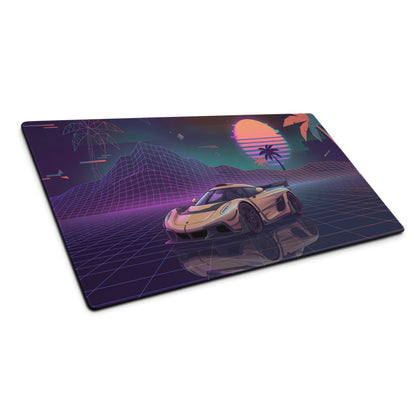 Koenigsegg Jesko Inspired Gold Vaporwave Gaming Mouse Pad – Neon Retro Sunset Grid Desk Mat with Palm Trees and Futuristic Hypercar Digital Art