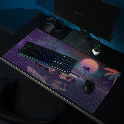 Koenigsegg Jesko Inspired Gold Vaporwave Gaming Mouse Pad – Neon Retro Sunset Grid Desk Mat with Palm Trees and Futuristic Hypercar Digital Art