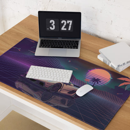 Koenigsegg Jesko Inspired Gold Vaporwave Gaming Mouse Pad – Neon Retro Sunset Grid Desk Mat with Palm Trees and Futuristic Hypercar Digital Art