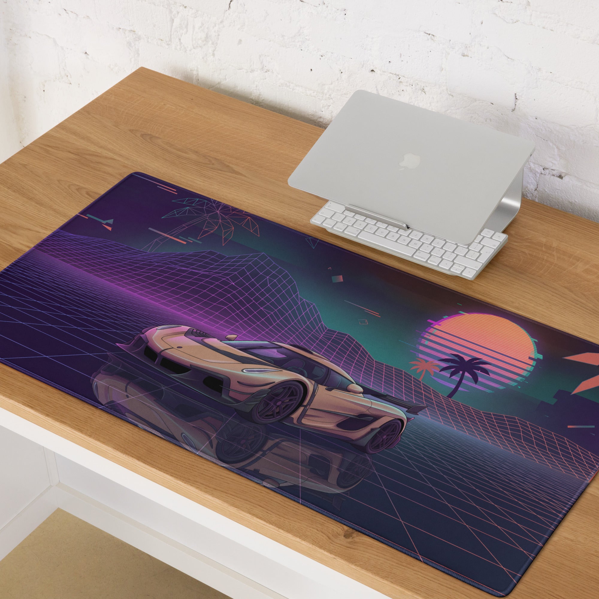 Koenigsegg Jesko Inspired Gold Vaporwave Gaming Mouse Pad – Neon Retro Sunset Grid Desk Mat with Palm Trees and Futuristic Hypercar Digital Art