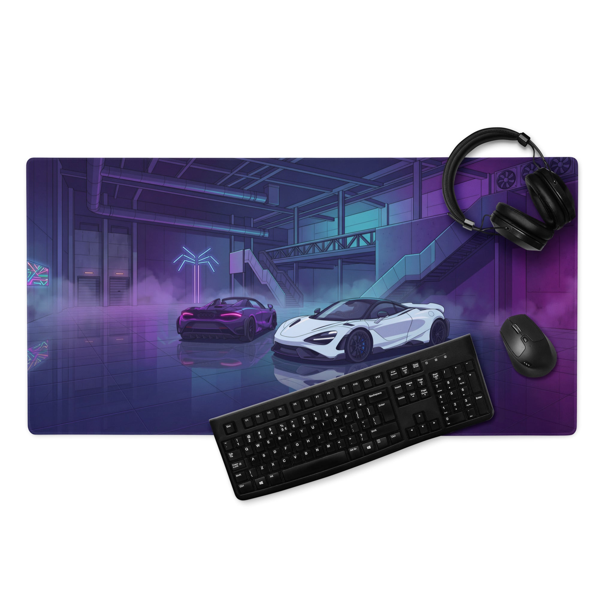 McLaren 765LT Inspired White Purple Vaporwave Gaming Mouse Pad – Neon Cyberpunk Garage Desk Mat with Twin Supercars and Futuristic Digital Art