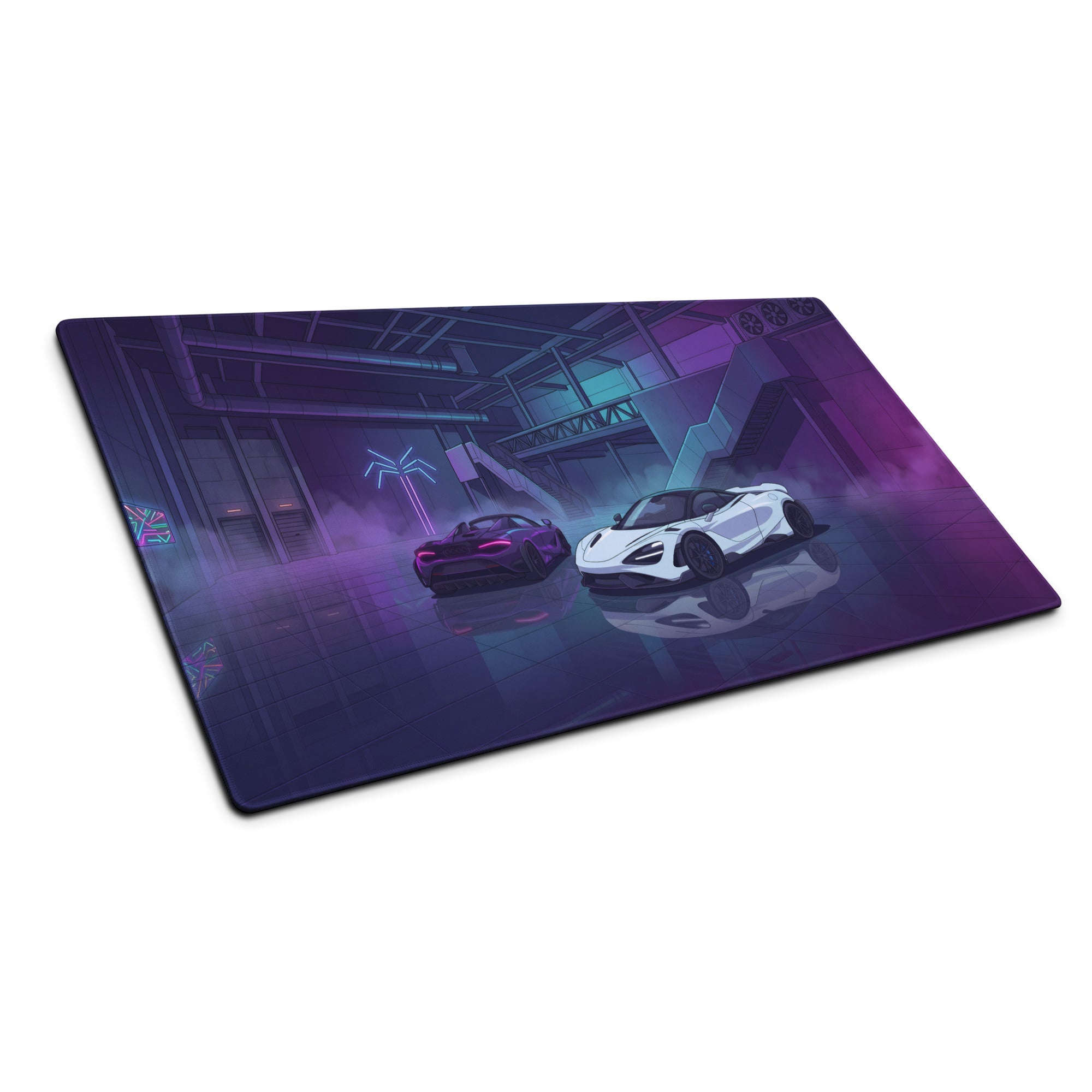 McLaren 765LT Inspired White Purple Vaporwave Gaming Mouse Pad – Neon Cyberpunk Garage Desk Mat with Twin Supercars and Futuristic Digital Art