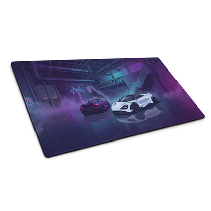 McLaren 765LT Inspired White Purple Vaporwave Gaming Mouse Pad – Neon Cyberpunk Garage Desk Mat with Twin Supercars and Futuristic Digital Art
