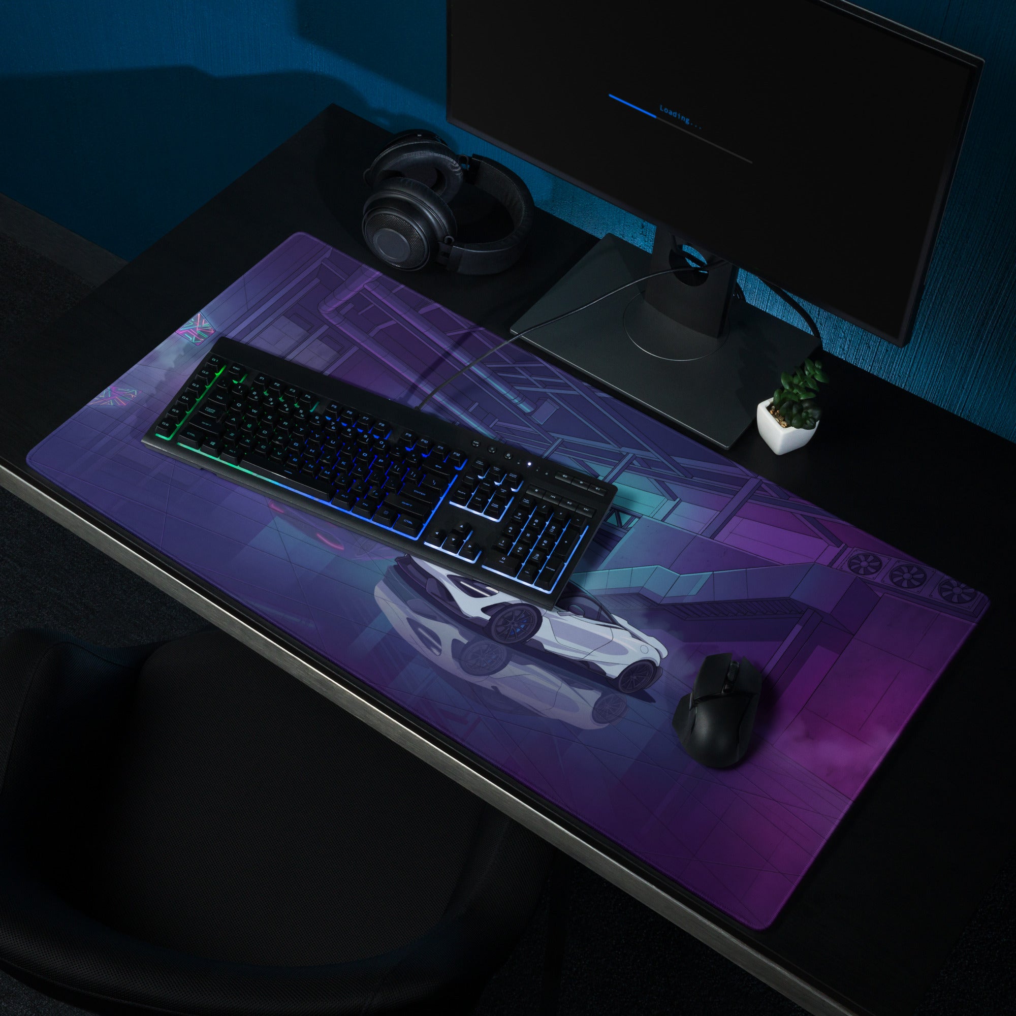 McLaren 765LT Inspired White Purple Vaporwave Gaming Mouse Pad – Neon Cyberpunk Garage Desk Mat with Twin Supercars and Futuristic Digital Art